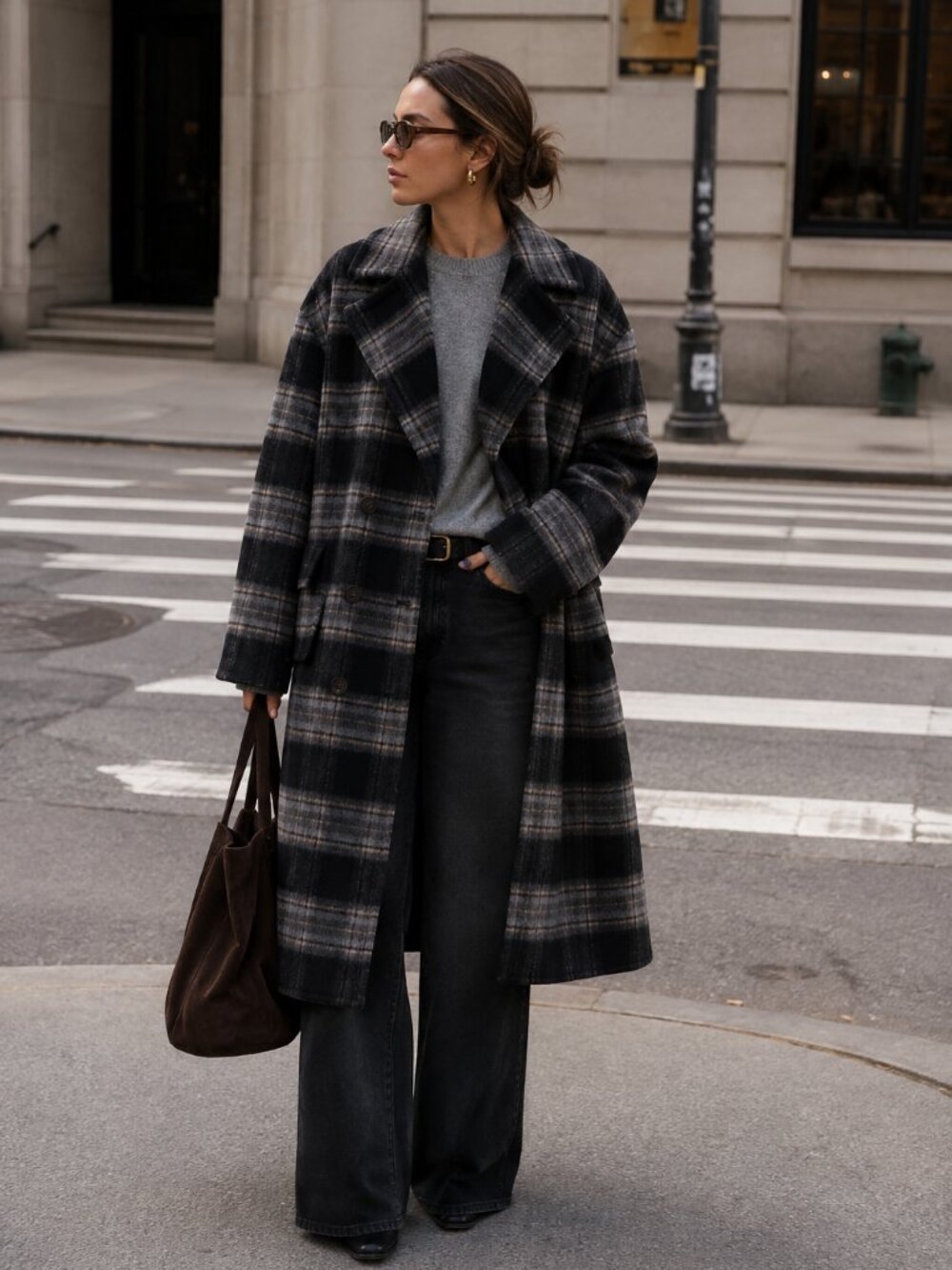 Re Rhee Wool Blend Plaid Double Breasted Oversized Long Coat Sz S/M